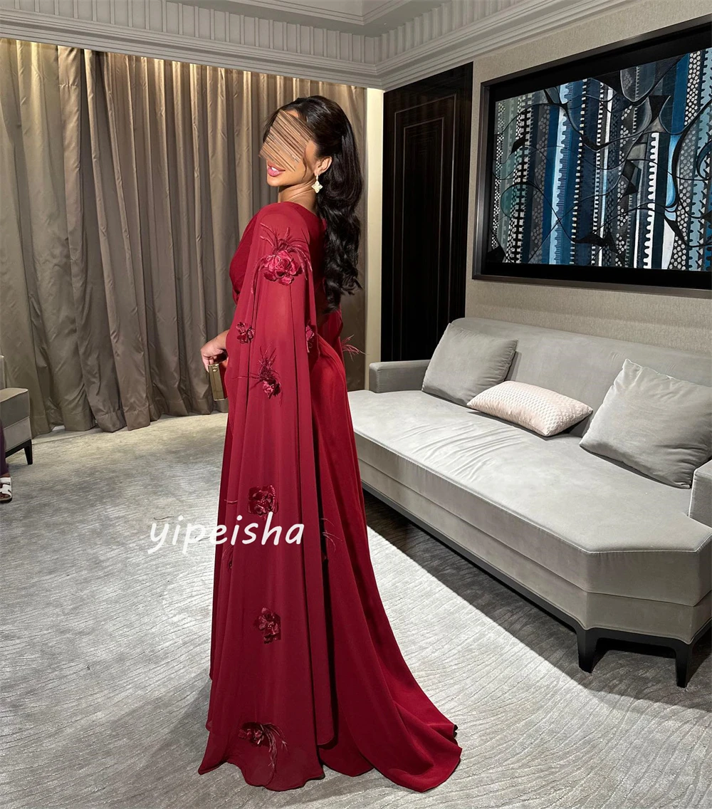 Customized Jersey Flower Beading Feather Ruched Christmas A-line V-neck Bespoke Occasion Gown Long Dresses