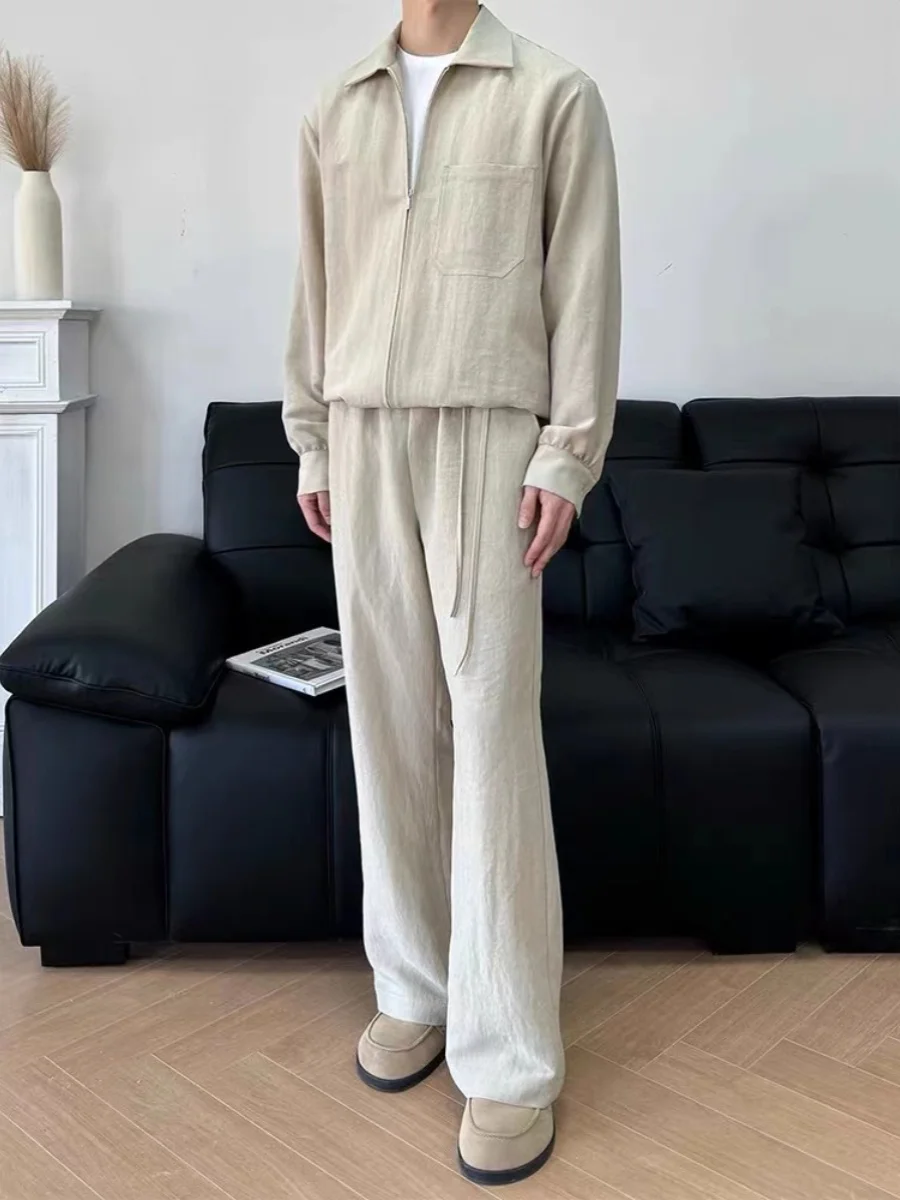 بنطلون صيفي شبابي خفيف الوزن بتصميم ريترو أمريكي من الكتان المغسول ذو ملمس مجعد على شكل حرف A ورباط كاجوال فضفاض للتنقل