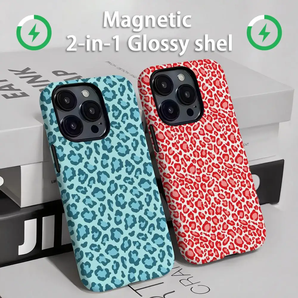 Чехол для телефона с леопардовым принтом, магнитный глянцевый корпус 2-в-1 для iPhone 16e 16 15 14 13 12 11 Pro Max Plus mini XS Чехол для телефона с леопардовым принтом, магнитный глянцевый корпус 2-в-1 для iPhone 16e 16 15 14 13 12 11 Pro Max Plus mini XS