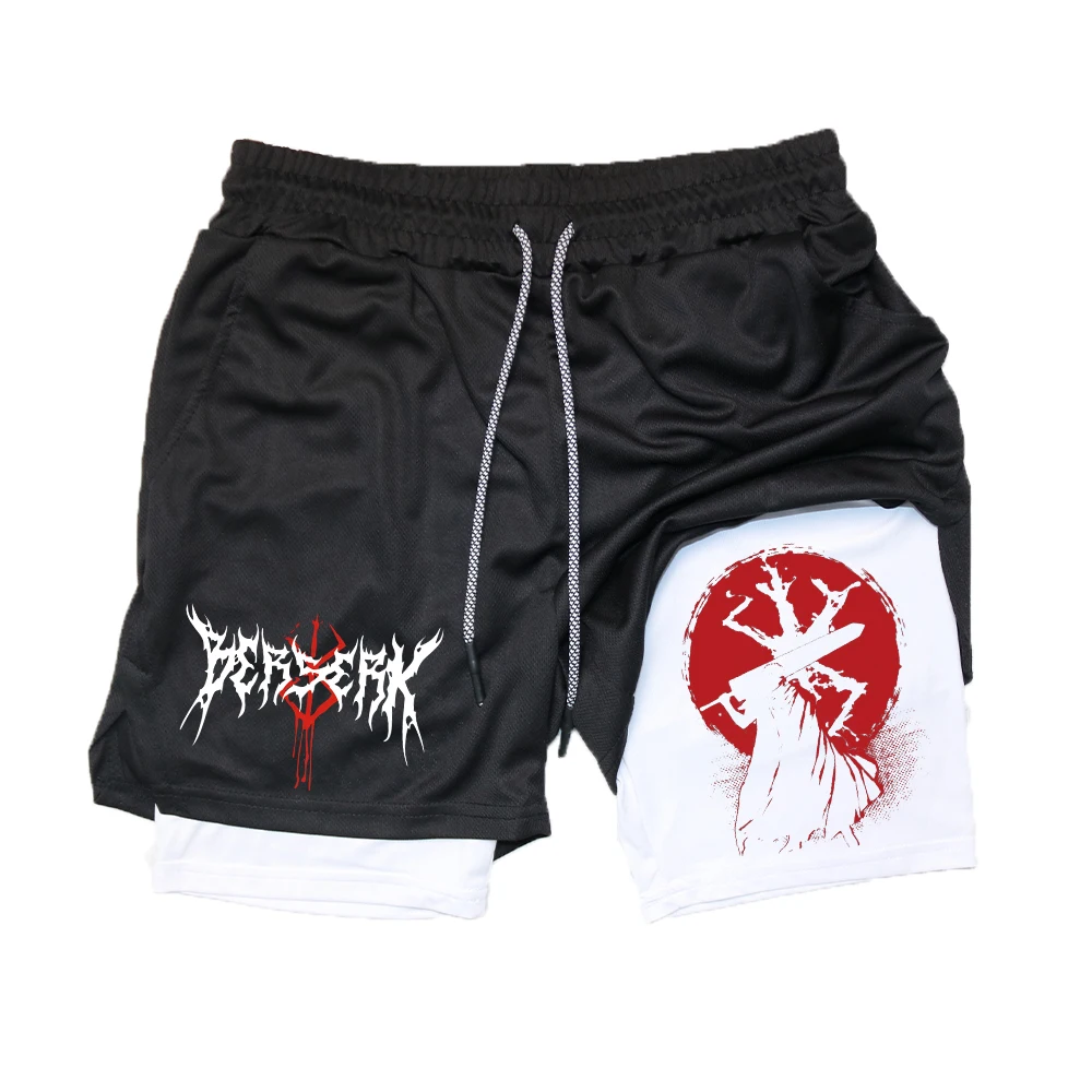 Anime Gym Shorts Berserk Guts and Toji Printed Men GYM 2 In 1 Bilayer Sports Shorts Workout Running Performance Short Pants