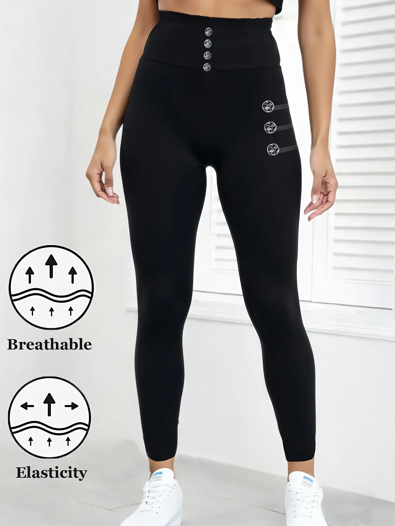 Spring Summer Women New Faux-Button Design Leggings Stretchy Breathable Cropped Tights Elegant Fashionable Casual Pants