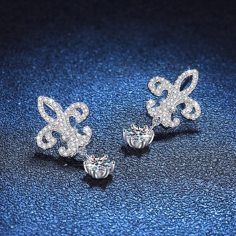 S925 Sterling Silver Mosang Diamond Earrings, Crown Queen Iris, High Grade 1 Carat D-Color Earrings, Wedding Jewelry Wholesale