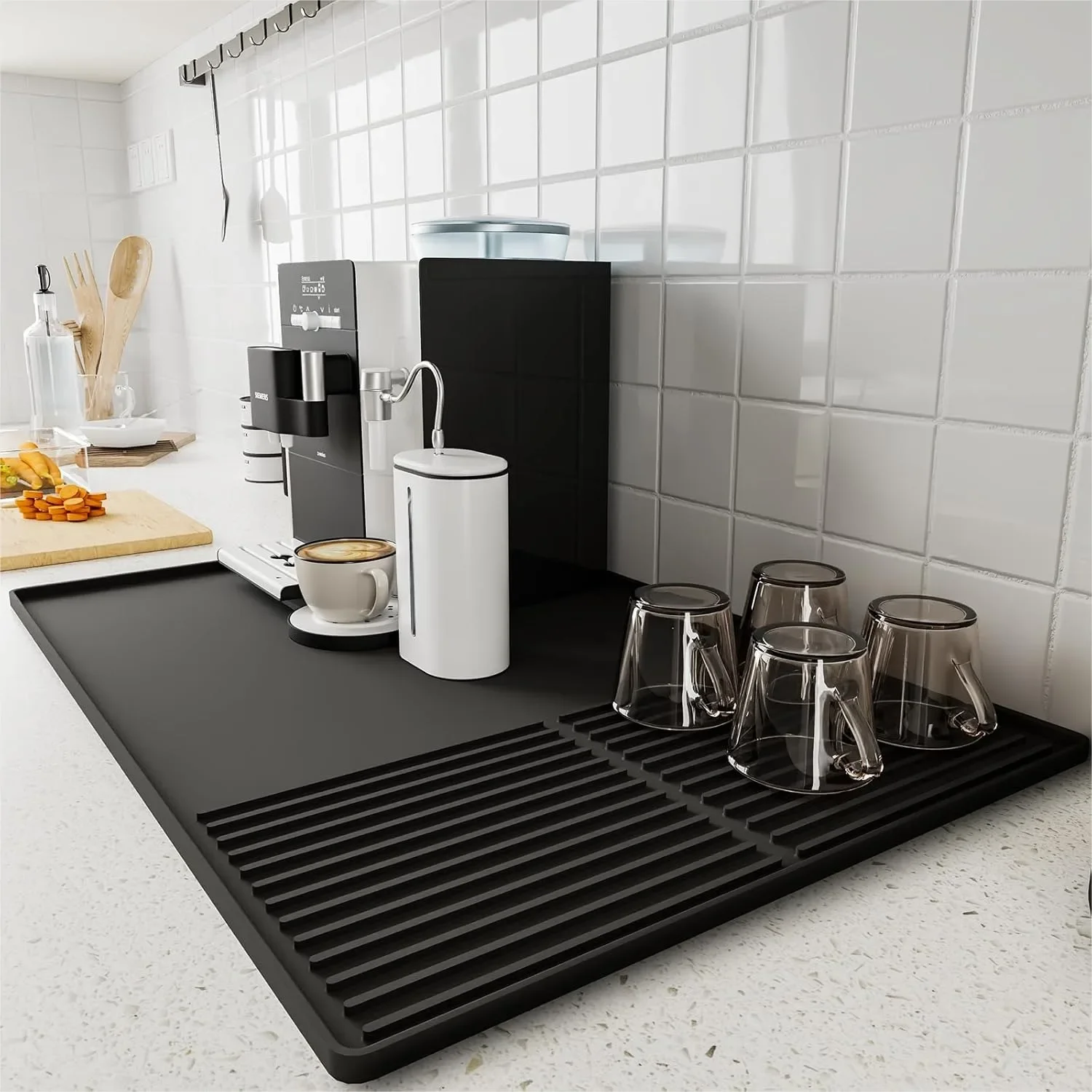 Silicone Coffee Mat with Raised Edges, 24x16 inch, Zone-Divided Design for Coffee Machine & Cup Drying, Non-Slip Bar Mat for