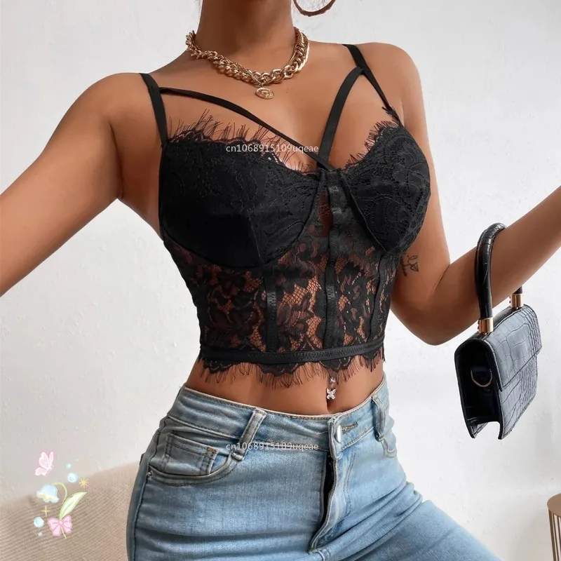 Women Corset Camisole Adult Solid Color Lace Hollow-Out Sleeveless Backless Spaghetti Strap Crop Tops Summer