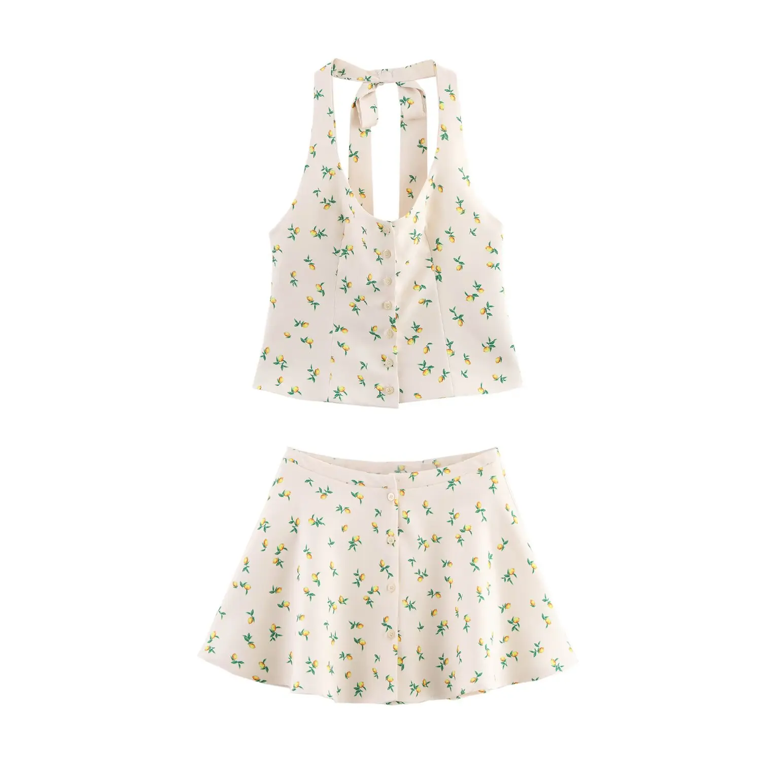 

Taop&Za2025 Women's Halter Neck Button - front Crop Top and Matching Skirt Set with Floral Print for Summer and Casual Wear