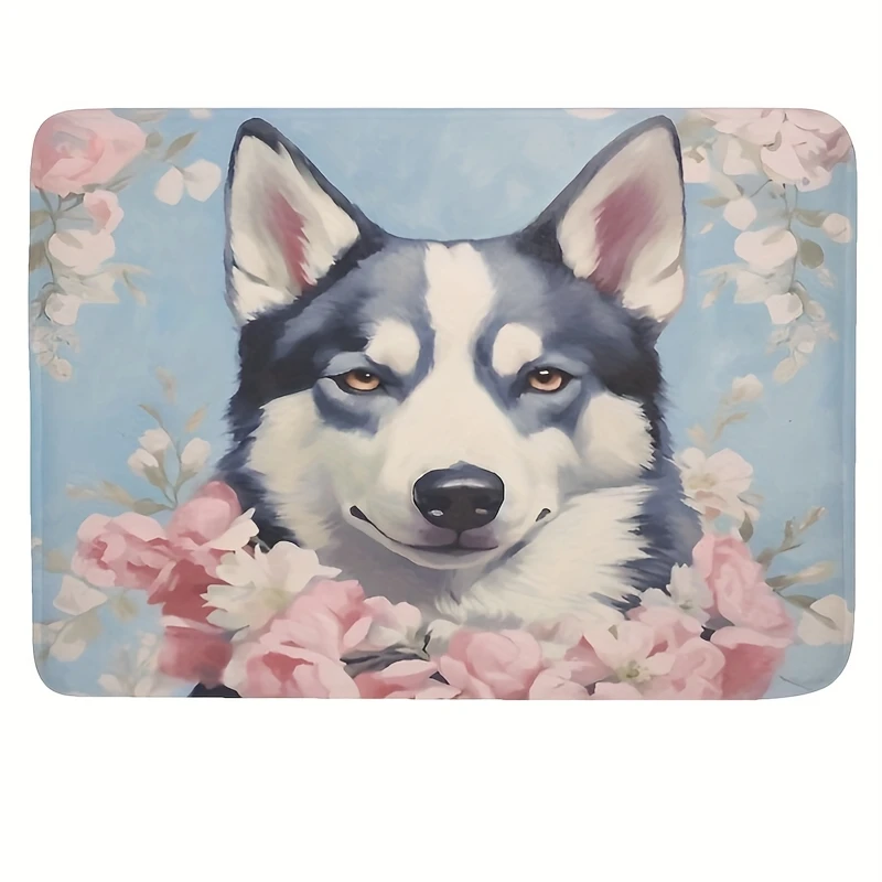 1pc Husky dog non-slip doormat 16x 24 inches, super soft flannel entrance mat, with backing, cute Siberian Husky & pink rose