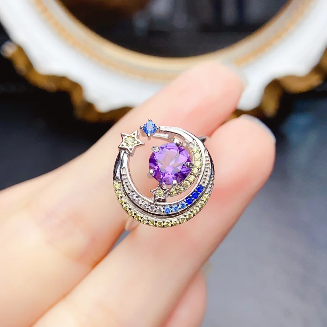 FS 6mm Natural Amethyst S925 Sterling Silver Mmoon Stars Ring for Women Fine Fashion Charm Weddings Jewelry Certificate MeiBaPJ