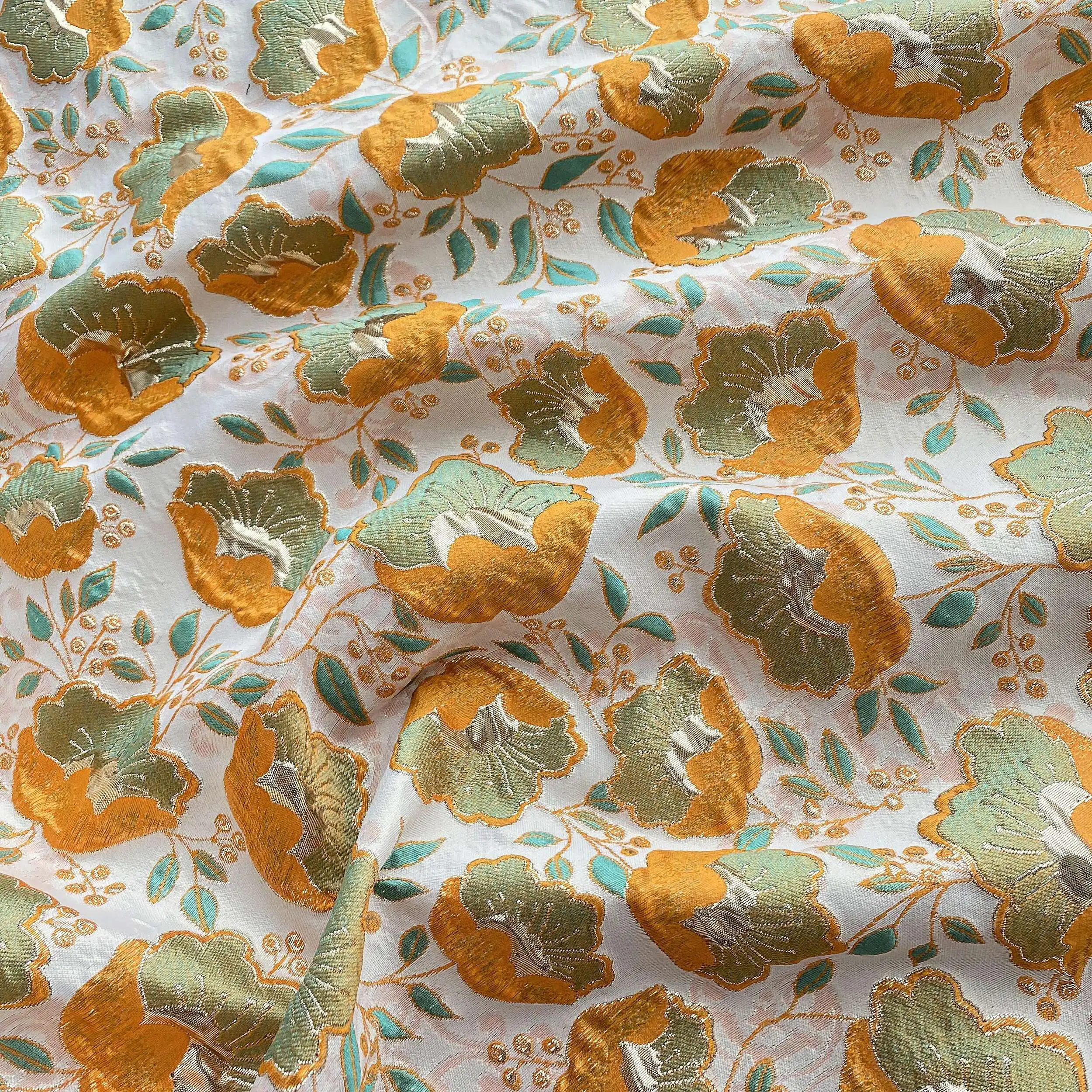 High quality fabrics Golden orange embossed flowers tissu Dress skirt dress accessories material