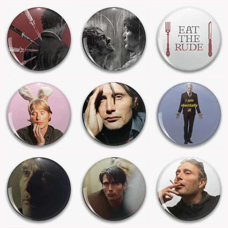 Mads Mikkelsen Hannibal Funny Meme Cannbal Eat The Rude Button Pin Hannibal, película de terror, broche, insignia, decoración de bolsa, colección de fanáticos, 58mm