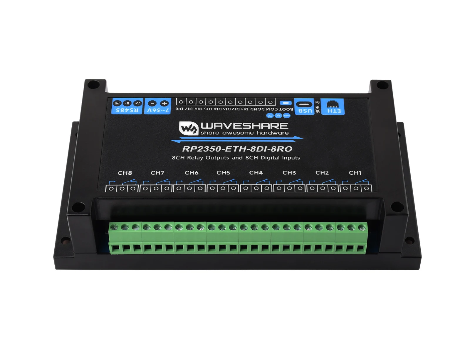

Промышленный 8-канальный релейный модуль RP2350, на основе двухъядерного и двухархтектурного микроконтроллера RP2350, поддерживает цифровой вход,