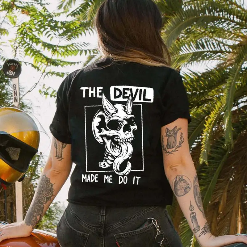 

Gothic Demon Skull T-Shirt The Devil Made Me Do It Tee Biker Aesthetic Men Women Streetwear Short Sleeve Tops