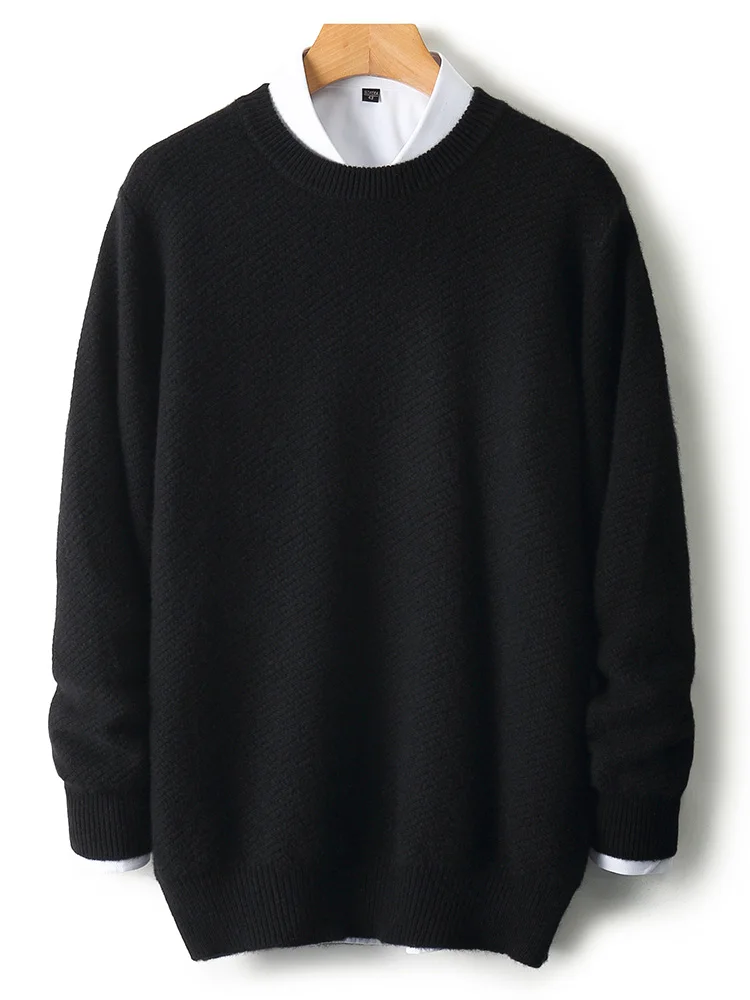 Men’s Casual Loose Autumn Winter Thick O-Neck Solid Pullover 100% Merino Wool Knitted Sweater Soft Warm Clothing Top