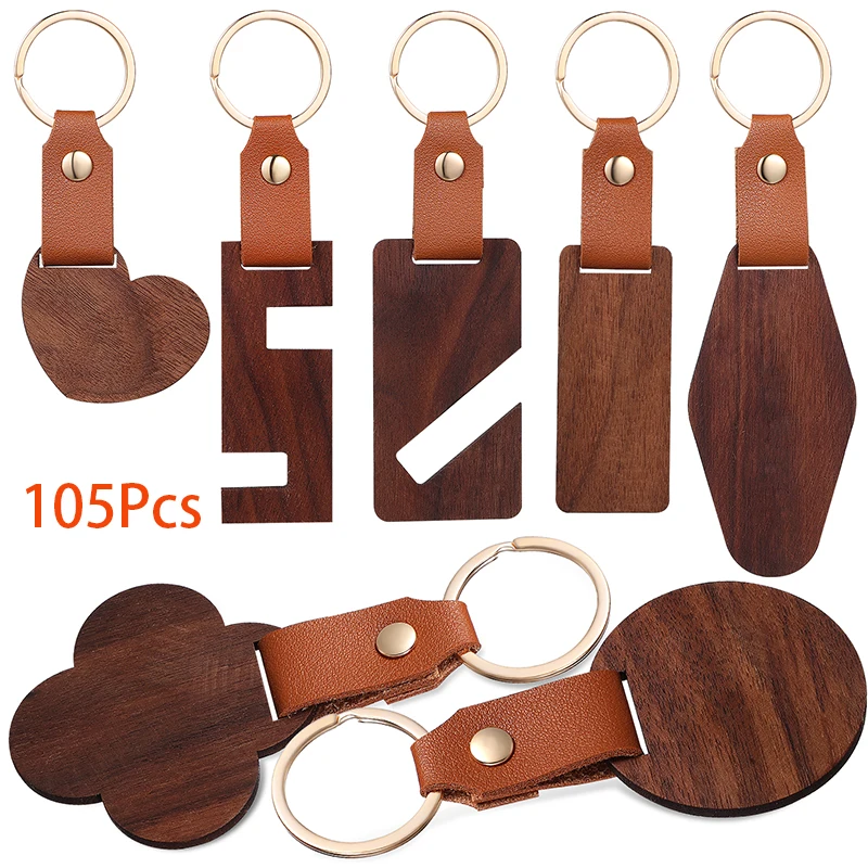 105 Pieces Key Chain Round Pendant Vintage Rectangle Charm Leather Keychain Wood Blank Keychains Walnut Key Ring