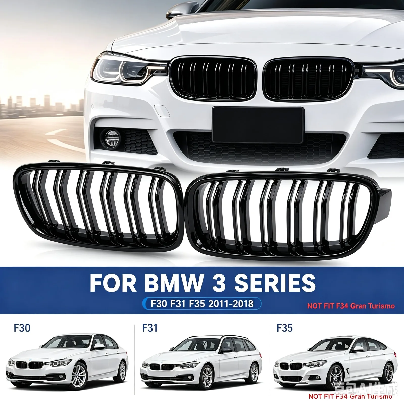1 Paar Front-Nierengrill für BMW 3er F30 F31 F35 330d 328i 335i 320d 340i 2011 2012 2013 2014 2015 2016 2017 2018 Renn-Ersatzgrill Hochglanz Schwarz Doppellamellen
