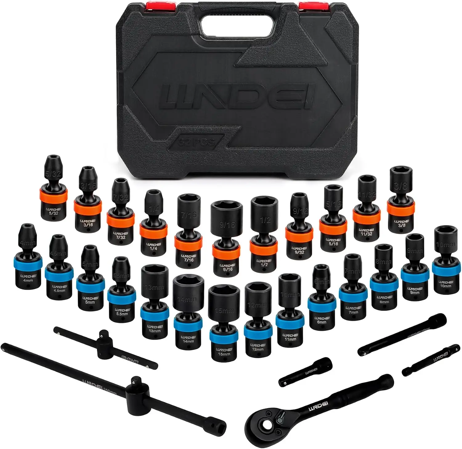 1/4-Inch Drive Swivel Socket Set, 32 Pieces Standard SAE(5/32 to 9/16") Metric Size(4-15mm) CR-MO Wobble Sockets, 6 Point
