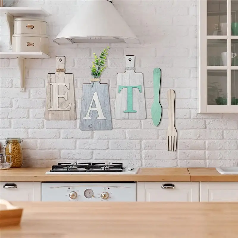 DT19 Wooden Eat Sign Cutting Board Set Fork and Spoon Wall Decor for Kitchen Dining Room Hanging Art