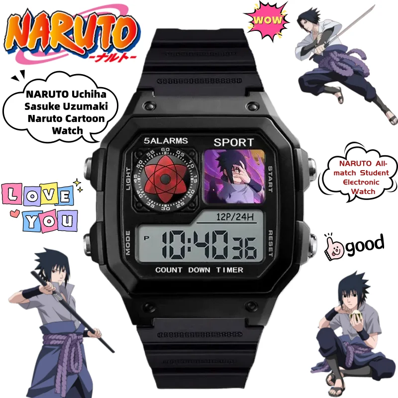 Naruto Watch Sasuke Obito Uchiha Madara Cartoon Anime Men and Women Students Electronic Watch Alarm Clock Chronograph Watch Gift