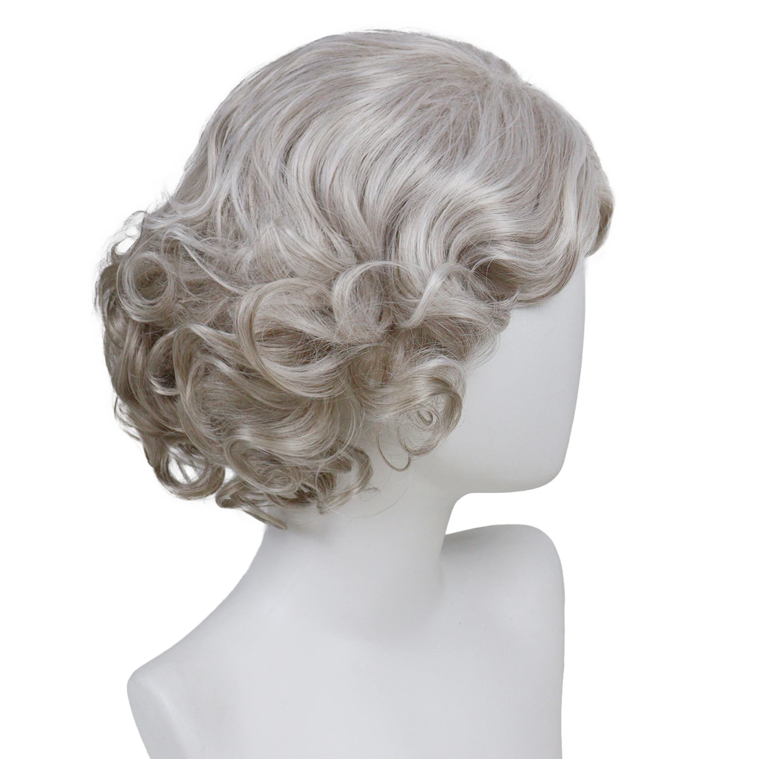 

Silver Grey Curly Wigs for Women Synthetic Fiber Short Wig with Side Bangs Ombre 60s Wigs Vintage Hairstyle Halloween Costume