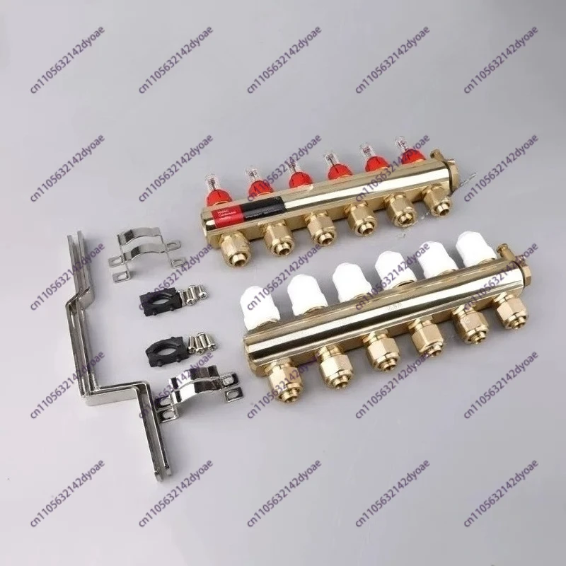 Brass profile floor heating manifold with visual float flow meter and adjustable temperature control