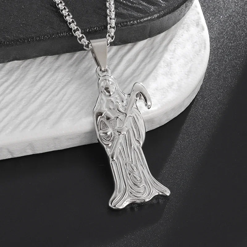 New Stainless Steel Santa Muerte and Scythe Pendant Necklace Amulet Jewelry Birthday Gift Accessories for Men and Women