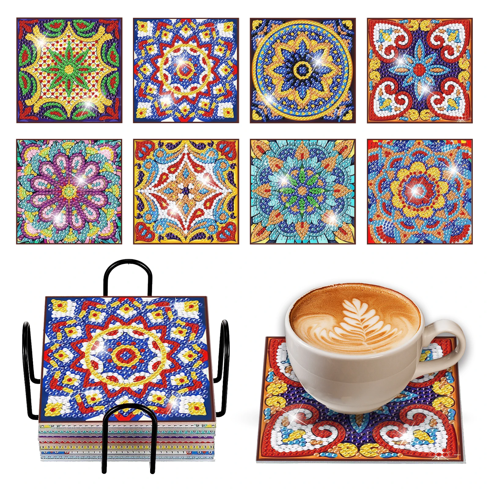 

8Pcs Diamond Painting Coasters DIY Square Mandala Flowers Dining Table Coasters Heat Insulation Acrylic Dot Drill Embroidery