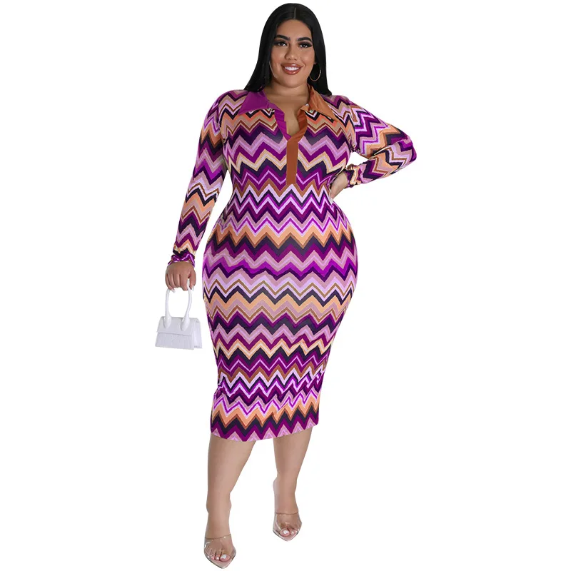 European and American large women\'s long sleeved collar printed open tube plus size women fashion dress