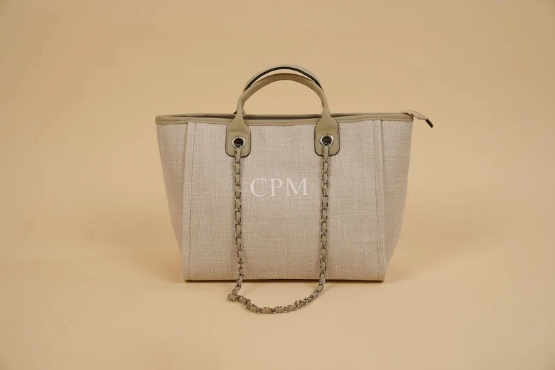 Personalised Light grey/beige Monogram Canvas Tote Bag Initial Beach Handbag Birthday Gift Chain tote bag Xmas Custom Bride Bags