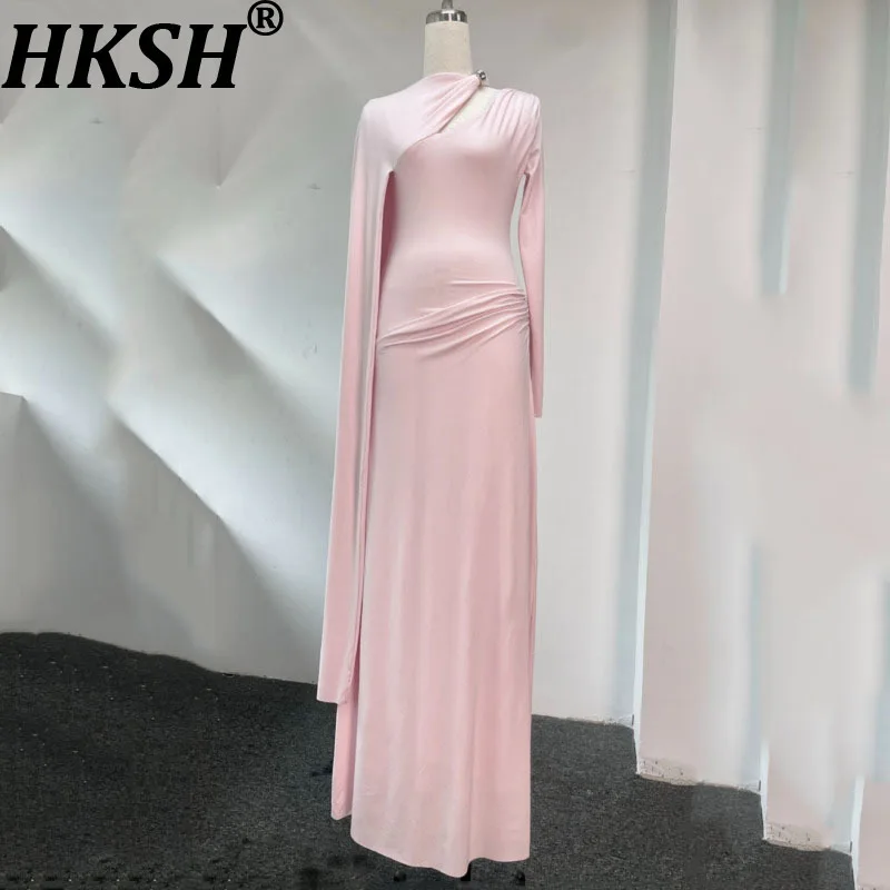 

HKSH Spring New Women Niche Design Fashion Ribbon Metal Buckle Elegant Dress Slimming Tide Asymmetric Chic Fold Fashion HK9448
