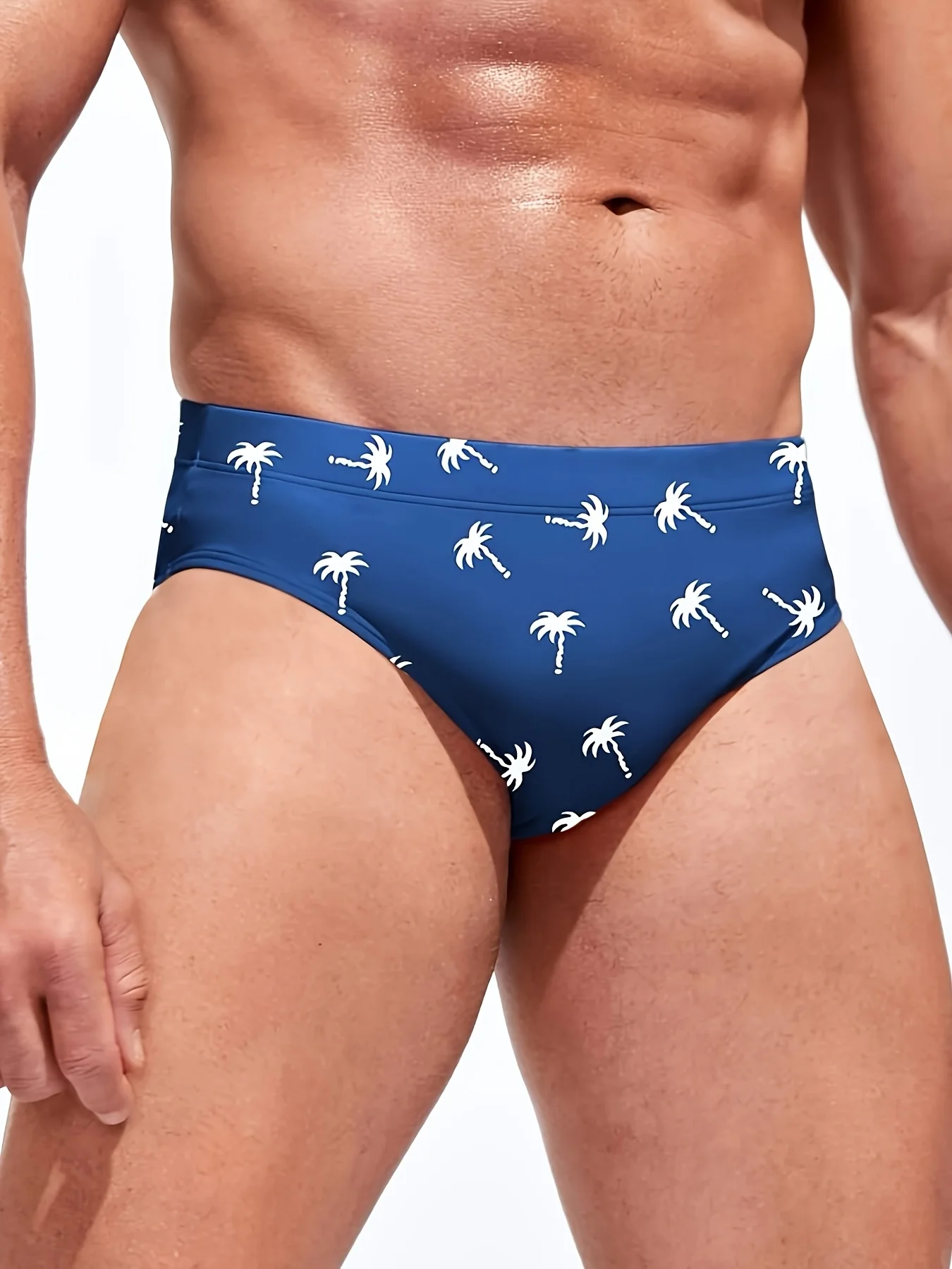Three Pieces, Men's Coconut Tree Pattern Drawstring Briefs, Men's Swimwear, Summer Beach Swimming Shorts
