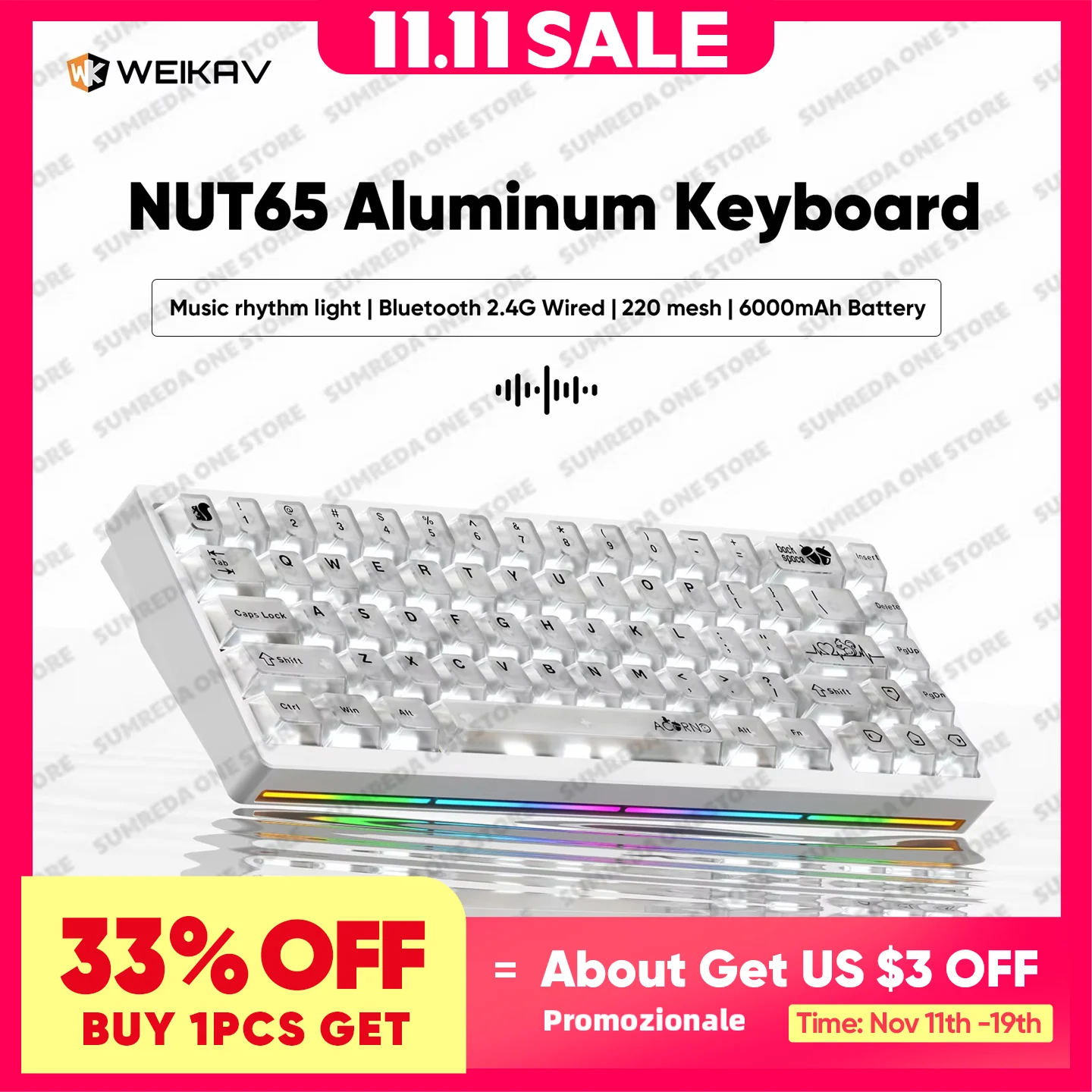 

WEIKAV NUT65 Комплект механической клавиатуры 68% раскладка Алюминиевая игровая клавиатура BT 2,4G Проводная прокладка RGB Быстрая разборка QMK/VIA