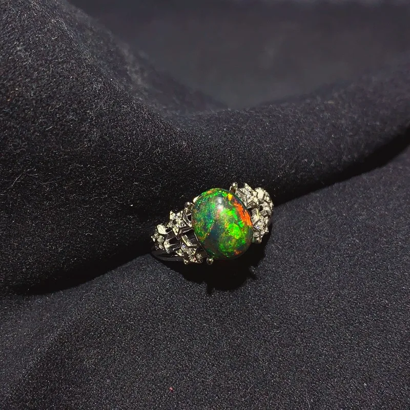 YULEM 8x10mm Natural Opal Gemstone Ring for Women Real 925 Sterling Silver Charm Fine Wedding Jewelry