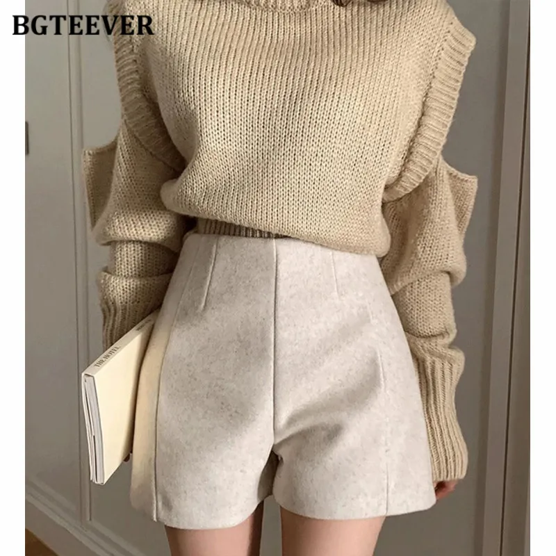BGTEEVER Autumn Winter Wide Leg Shorts for Women Casual Ladies Woolen Shorts