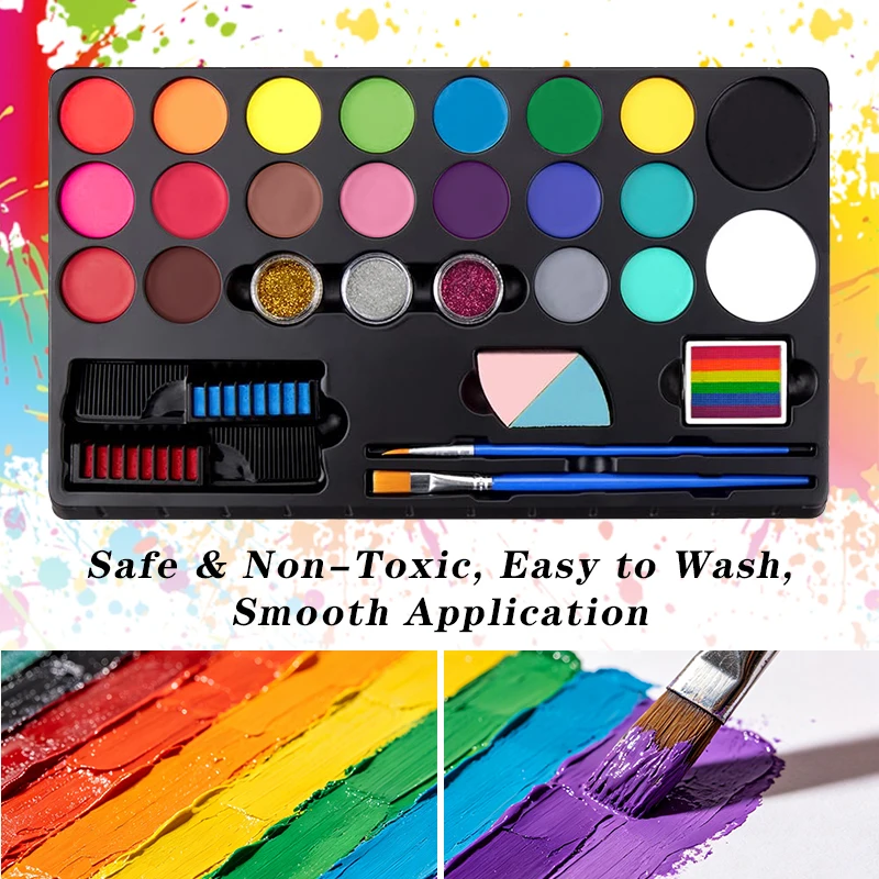 20 Colors Face Body Paint Set Stencils Glitter Brushes Washable Skin-Safe Face Painting Kit for Halloween Carnival Party Cosplay