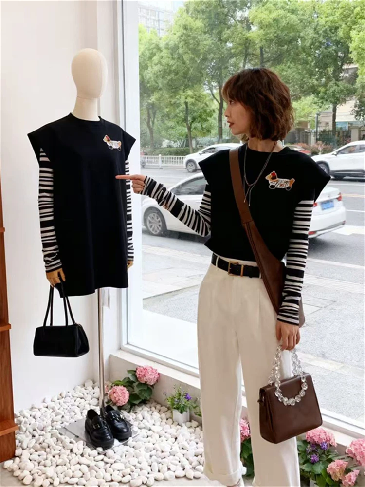 

Корейский женский облегающий полосатый комплект из двух предметов с героями мультфильмов, ранняя осень, однотонный свитер, модный повседневный ансамбль Faion