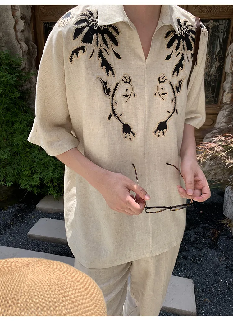 

Vintage American Vacation Style V-neck Short Sleeve Shirt for Men, Summer Khaki Ethnic Embroidery Loose Casual Beach Top