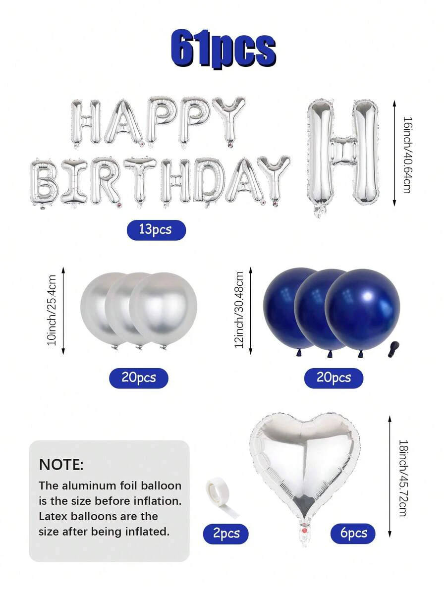Verschiedene Arten von Geburtstagsballon-Sets, einschließlich 16-Zoll-Folienballons in Buchstabenform, herzförmige Folienballons und Latexballons. – Detail 2