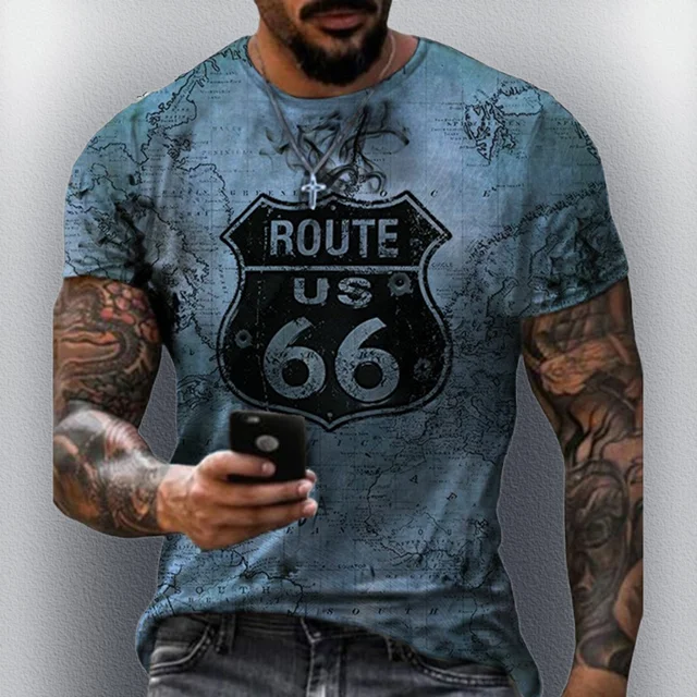 2025 الصيف الرجال الرجعية الطريق 66 سباق الدراجات النارية المتضخم الرجال التجفيف السريع تي شيرت مريح موضة الاتجاه فضفاض عادية