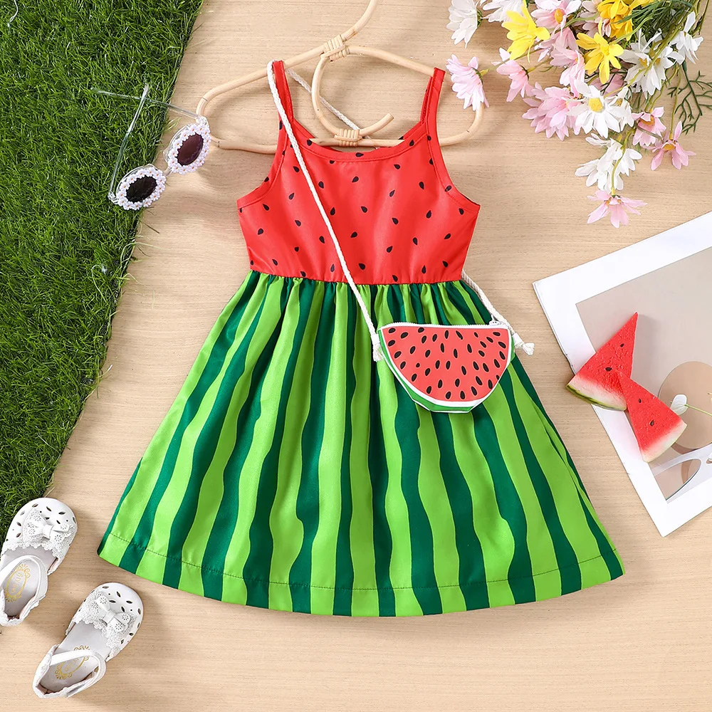 

2024 Summer New Arrival Girls Sleeveless Pathwork Watermalon Striped Green Designer Cute Party Princess Dress Custume 8-12T