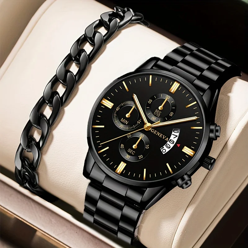 2 teile/satz, Mode Herren Business Edelstahl Kalender Datum Quarz Armbanduhr & Armband Set