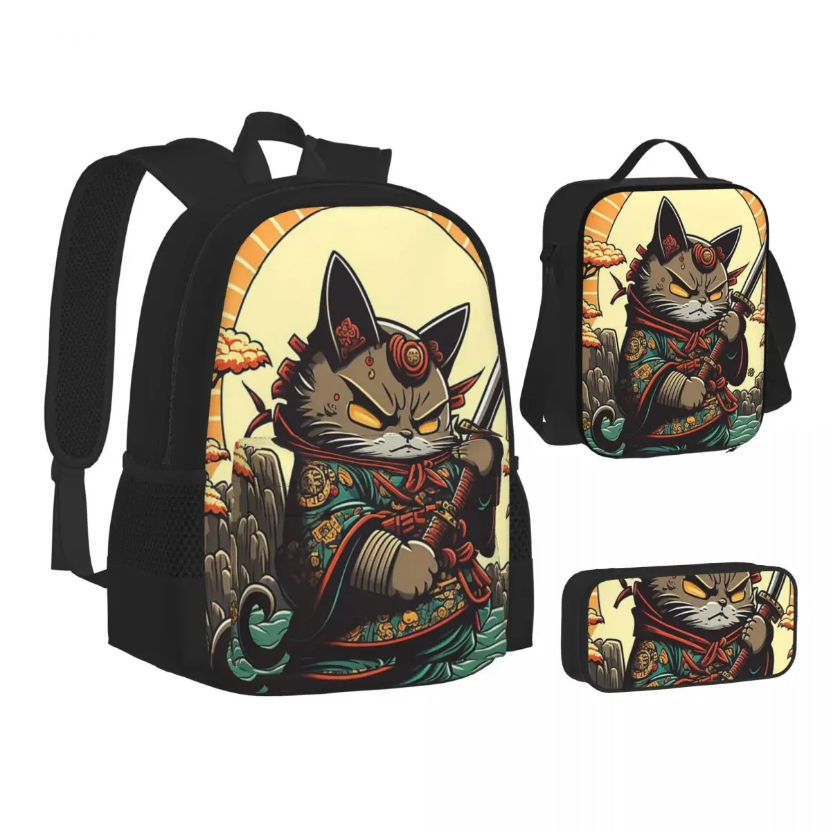 Cats Anime Samurai Sword Backpacks Boys Girls Bookbag School Bags Kids Rucksack Lunch Bag Pen Bag Three-Piece Set