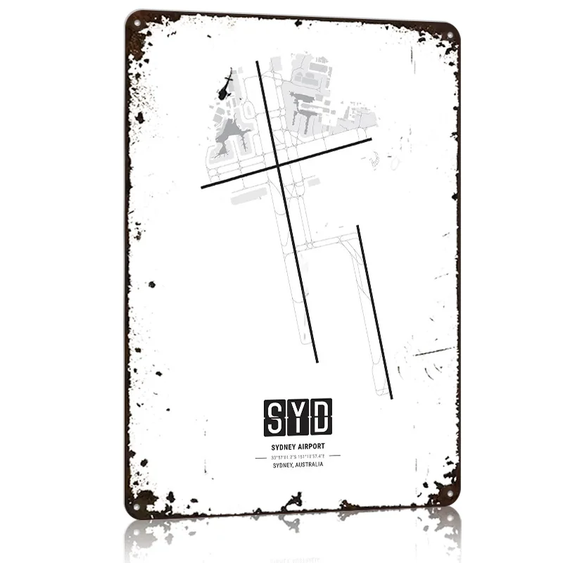 ملصق معدني لتخطيط مطار سيدني، ملصق تين، أشياء فنية جدارية لتصميم الغرفة، علامات معدنية قابلة للتخصيص لديكور المنزل