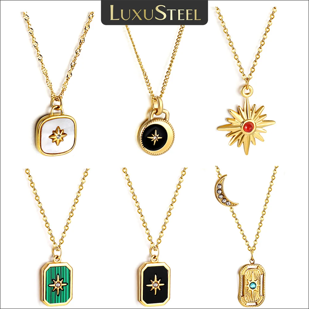 LUXUSTEEL-collar con colgante de aceite de goteo de concha de circón de estrella Vintage para mujer, cadena de clavícula geométrica de acero inoxidable chapada en oro