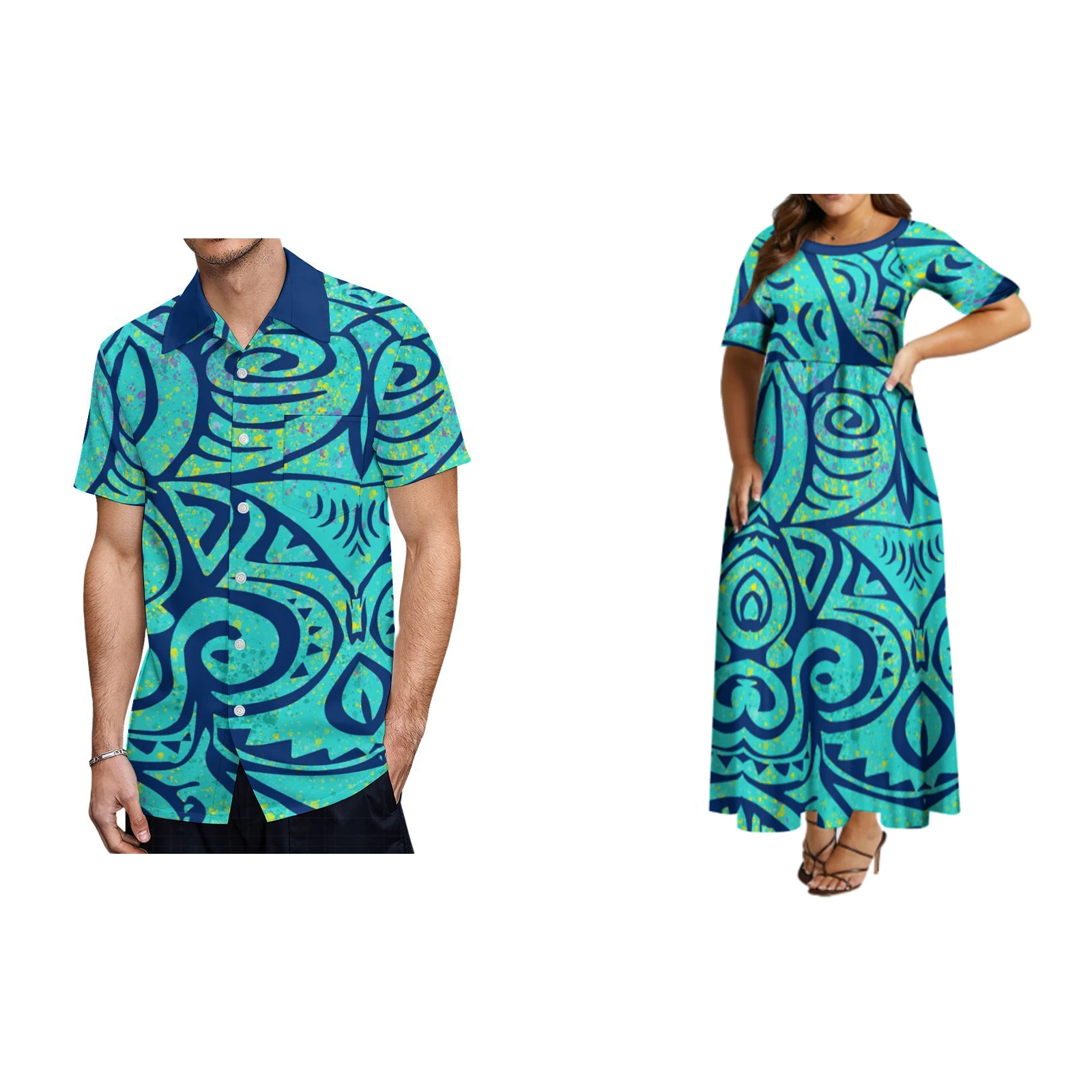 Polynesian Tribe Couple Dress Custom Samoa Fiji Hawaiian Islands Dress Floral Print Women Dress Men Shirt Casual Suit Summer