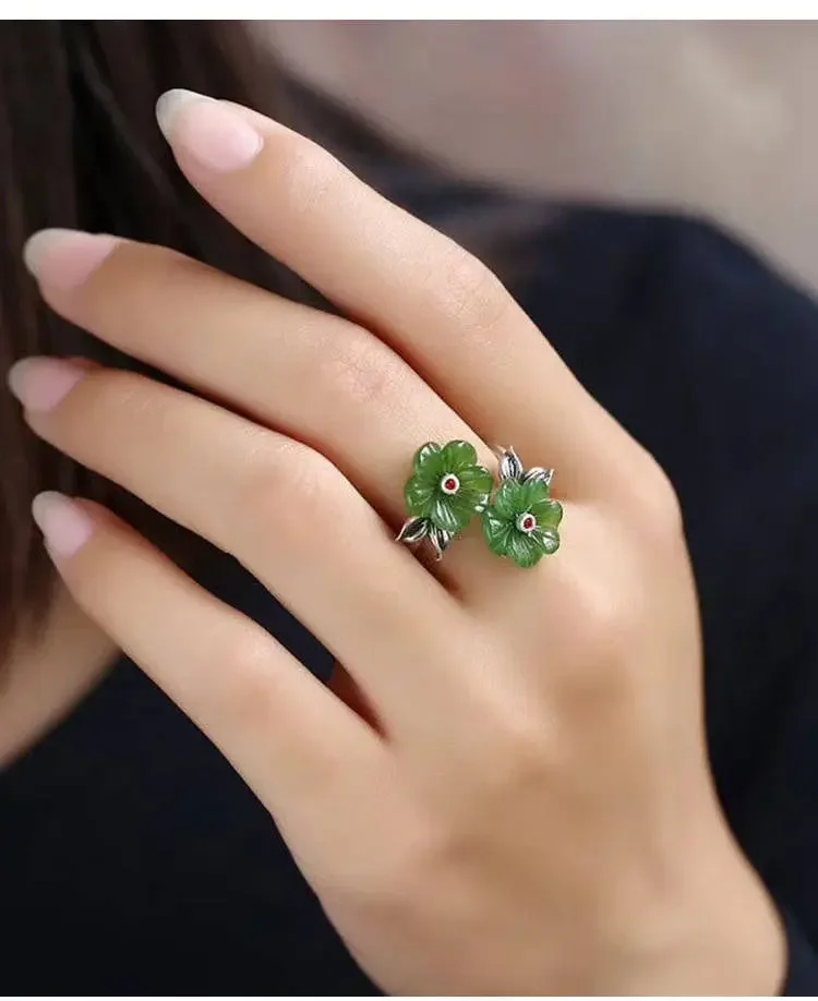 Green Jade Flower Rings Adjustable Ring Gift Chinese Women Jewelry Real Amulet Charm 925 Silver Natural Gemstones Amulets