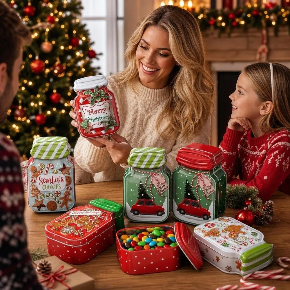 Metal Christmas Tin Box with Lid Biscuit Chocolate Xmas Cookie Candy Box Decorative Gift Box Storage Container Home Decor