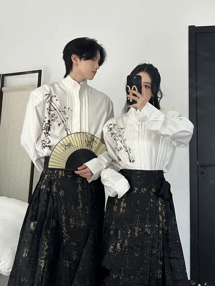 New Chinese Style Couple Matching Outfit Spring Autumn Embroidered Padded Shoulder Shirt Improved Ma Face Skirt Hanfu Set