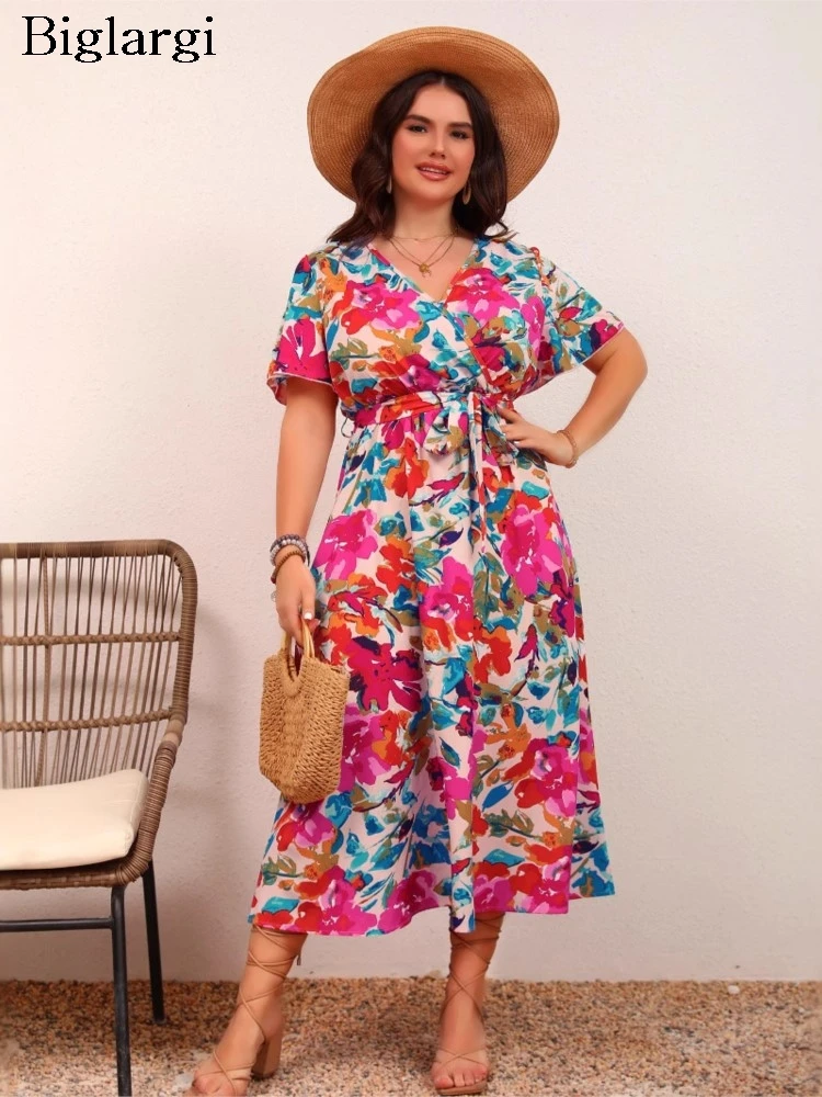 

Летнее платье больших размеров с v-образным вырезом, женское платье с цветочным принтом граффити, Modis, с рюшами, женские платья с коротким рукавом, повседневное свободное женское длинное платье