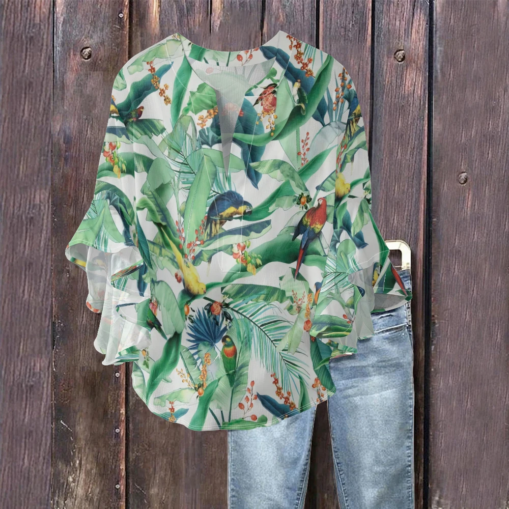 Women's Tropical Parrot Print V-Neck Blouse Flowy Bell Sleeve Shirt Colorful Leaf Hawaiian Resort Vacation Wear Casual Tops