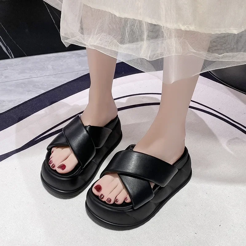 High Platform Slippers For Women Open Toe Leather Wedges Chunky Sandals New Summer soft Thick Bottom Female Beach Flip Flops 9CM