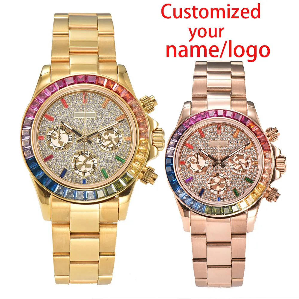 Custom Logo 39.5mm Mens Watch Sterile Dial Colored Diamonds Dial Watch Sapphire Crystal Vk63 quartz Movement Watch ﻿